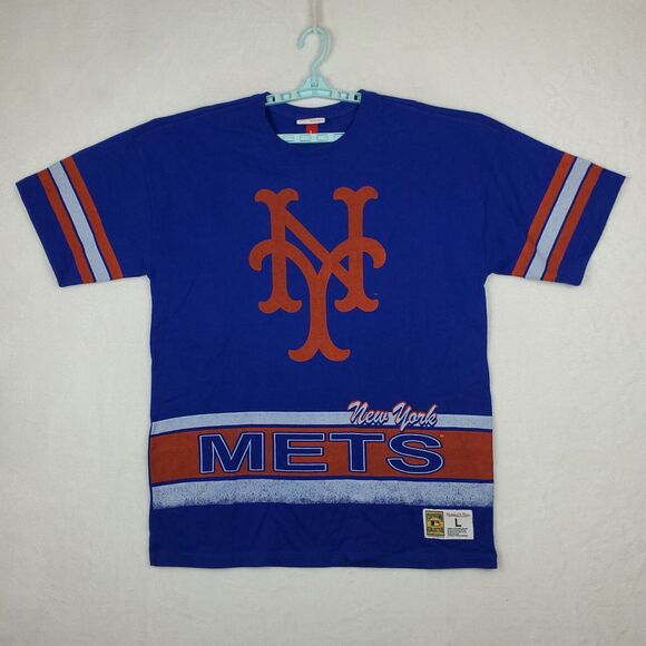 New York Mets Mitchell &‎ Ness MLB Large Shirt Distressed Logo Blue Orange NWT - Picture 2 of 9